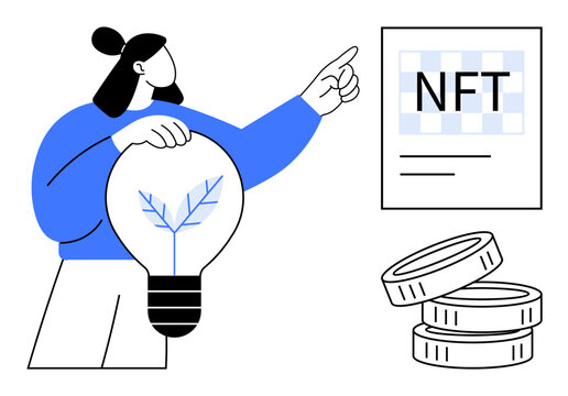 Person holding a lightbulb with plant icon, pointing at NFT certificate with stacked coins. Ideal for crypto, innovation, investment, blockchain, digital ownership, eco-tech, simple flat metaphor