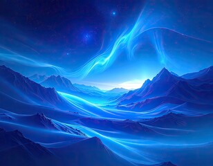 A serene, glowing blue mountain valley under a cosmic aurora and starry sky