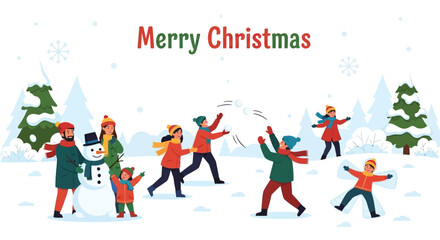 Happy family and friends enjoying a snowy winter day with a snowman and snowball fight celebrating christmas