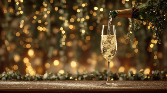 A glass of champagne is poured into a glass