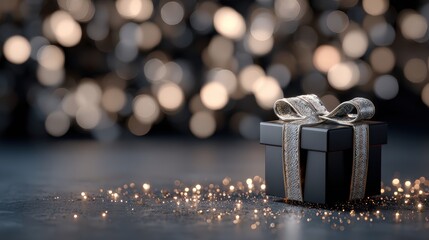 A black box with a gold ribbon on top