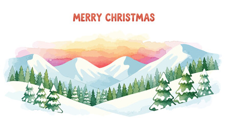 Watercolor style illustration of snow covered mountains and pine trees with a colorful sunset sky and merry christmas text