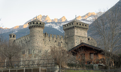 Winter view of the castle of fenis in italy