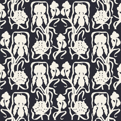 Art nouveau style hand drawn silhouette iris flowers seamless pattern