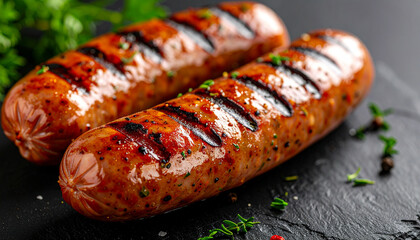 Juicy grilled bratwurst with charred exterior on dark stone surface, fresh herbs, appetizing food.