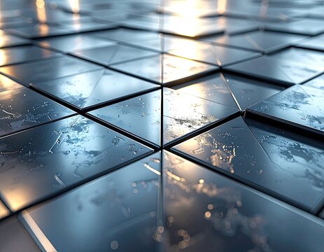 Reflective metallic triangular tiles forming a geometric surface with a warm glow