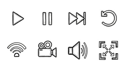 Outline media control icons set featuring playback and multimedia symbols