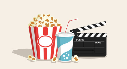 Cartoon image of popcorn, drink, and clapperboard on transparent background