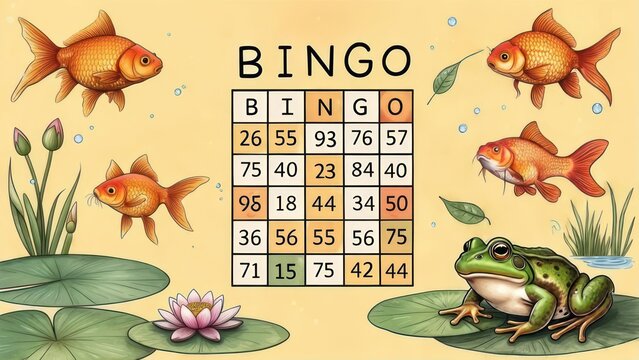 Bingo Game with Goldfish and Frog in a Pond Setting. - Powered by Adobe