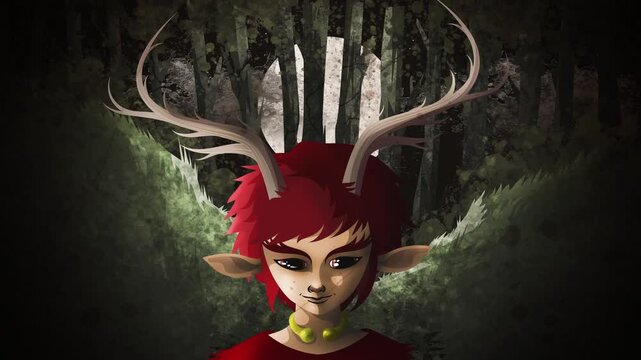 cernunnos faun with elk horns in dark forest