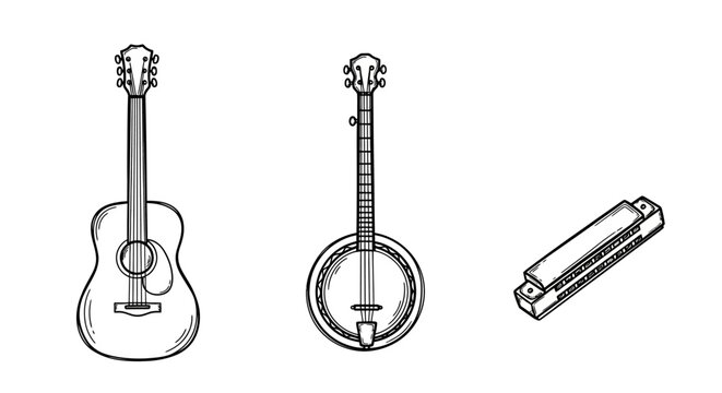 Set of musical instruments: acoustic guitar, banjo, and harmonica in linear style