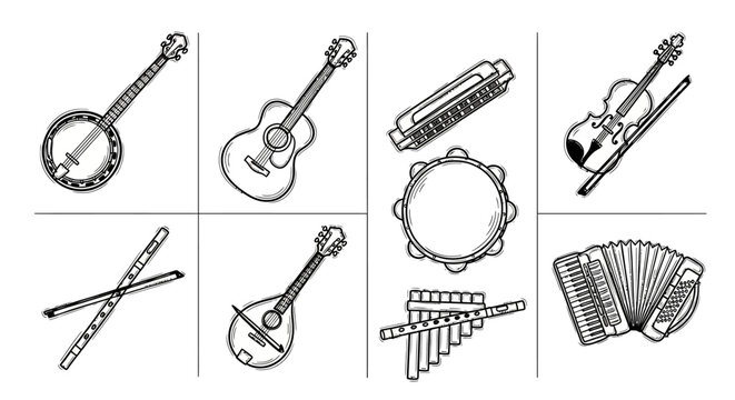 Hand drawn musical instruments set with violin and guitar