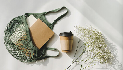 Green mesh bag, notebook, coffee cup and flowers on white surface