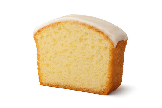 Pound cake slice with vanilla icing on transparent background