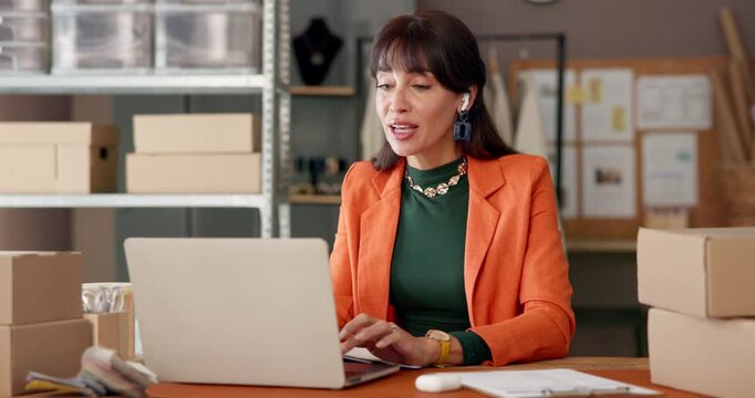 Video call, laptop and ecommerce with woman in warehouse for courier order, delivery confirmation and wave. Supplier checklist, virtual chat and distribution logistics with person in factory