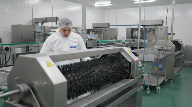 Technician inspecting sharp blades of a plucker machine to ensure smooth and precise feather removal during poultry processing in a clean industrial setting.