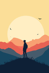 Silhouette of a man standing on a mountain peak at sunrise, surrounded by birds and colorful hills. Symbol of freedom, achievement, and inner peace in a minimalist landscape.