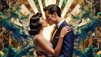 Romantic couple shares a passionate kiss against elegant gold and black floral backdrop in 4K UHD, capturing timeless essence of love and intimacy, perfect for commercial use cases such as. - Powered by Adobe