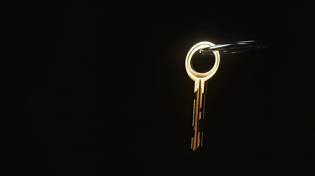 golden key hangs in midair, illuminated against dark background, creating striking visual contrast. key symbolizes access and security, evoking curiosity and intrigue