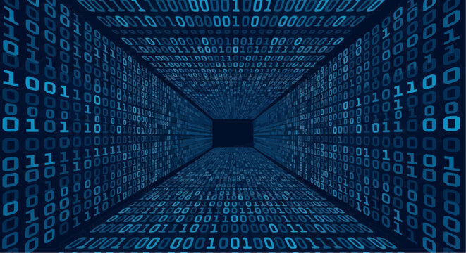 Binary code tunnel with perspective view creating a digital data stream appearance of information