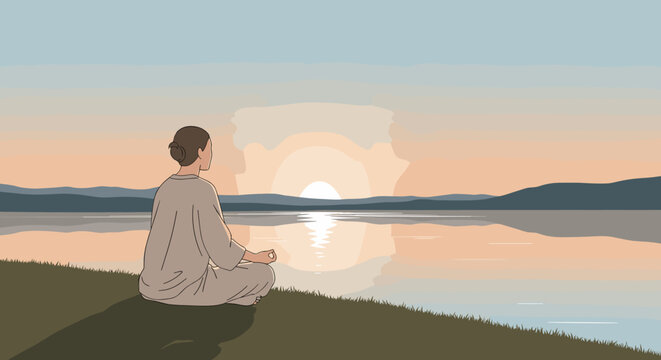 A female figure with brown hair meditates in a serene yoga pose by a tranquil lakeside at sunset, embracing the peaceful atmosphere. - Powered by Adobe