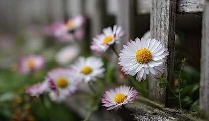 Daisies blooming garden fence spring background