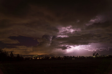 Captivating lightning storm over distant cityscape