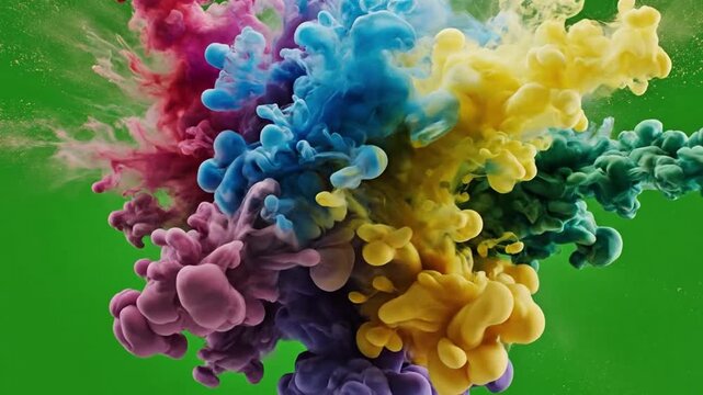 Vibrant multi-colored ink swirling dynamically on a green screen backdrop, perfect for visual effects and creative projects needing a splash of color