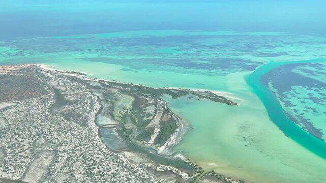 Scenic aerial landscape of Useless Loop coastline and crystallization ponds in Shark Bay region