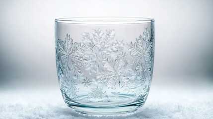 beautifully crafted glass cup featuring intricate snowflake patterns, set against snowy background. design evokes sense of winter charm and elegance
