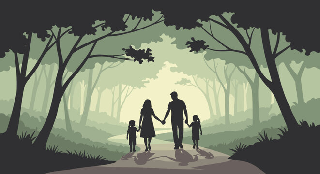 Silhouetted family of four, including two children, walking hand in hand along a forest path with tall trees and lush foliage in the background.