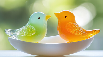 Two colorful glass birds, one green and one orange, sit in white dish, creating cheerful and playful . soft background their vibrant colors