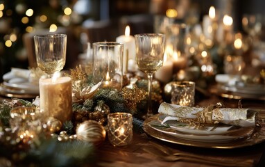 A table with a Christmas tree in the background and a tablecloth