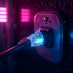 High-Tech Ethernet Cables in Cyberpunk Environment with Neon Glow
