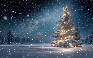 A Christmas tree is lit up in the snow