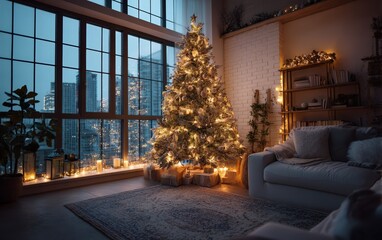 A Christmas tree is lit up in a living room