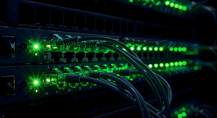 IT Server Room Detail with Connected RJ45 Cables, Modern Networking Technology