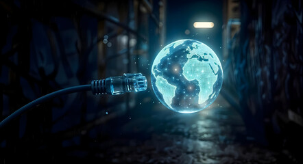 global internet, Ethernet RJ45, glowing globe, hologram earth, worldwide connection, data transfer, communication technology, photorealistic visualization, digital world, cyber earth, global connectiv