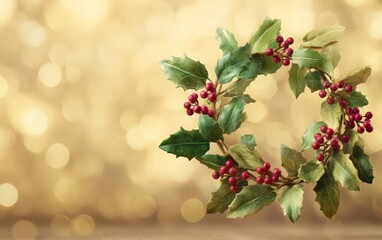 A wreath of holly berries is on a gold background