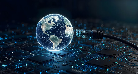 3D Illustration of Ethernet Cable Linking to Glowing Globe, Global Data Network
