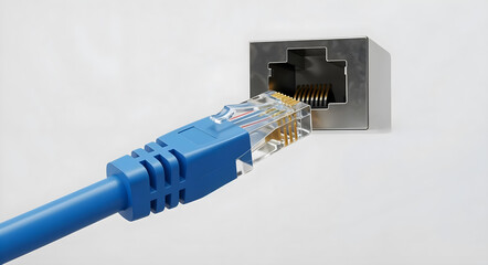 Blue RJ45 Ethernet Cable Plugging into Metal LAN Port, White Studio Background