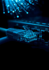 Neon Blue RJ45 Cable Plugged into Network Switch, Glowing Technology Background