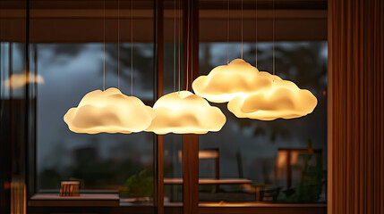 Soft cloud shaped lights illuminate modern interior, creating cozy ambiance. design adds whimsical touch to space, enhancing overall aesthetic