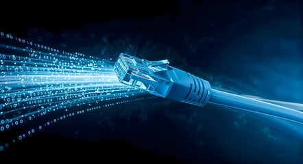 Futuristic Concept of Network Cable with Glowing Fiber Lights and Digital Code