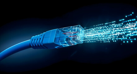 RJ45 Ethernet Cable Transforming into Fiber Optic Beams with Binary Code Flow