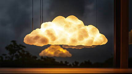 unique cloud shaped light fixture illuminates room with warm glow, creating cozy . design adds whimsical touch to interior decor, enhancing overall ambiance