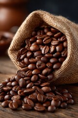Fototapeta premium Rustic burlap bag spilling rich coffee beans on a wooden table; evokes warmth and abundance, perfect for cafes, coffee branding, and kitchen decor.