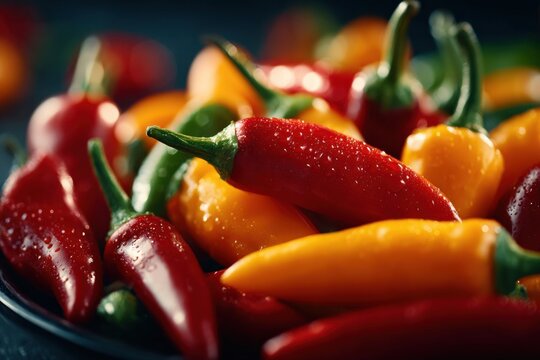 A vibrant assortment of red and yellow chillies with water droplets, captured in dramatic lighting, ideal for culinary and food-related themes.