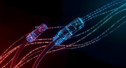 Transparent RJ45 Cable Carrying Streams of Binary Code, Data Flow Concept