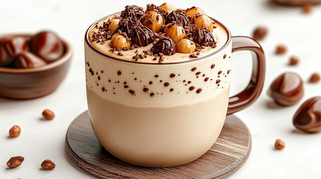 delicious mug of chestnut latte topped with chocolate and nuts, perfect for cozy moment. creamy texture and rich flavors create delightful experience in the cold winter 